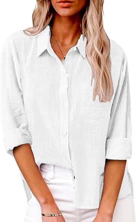 AKEFUN Womens Summer Linen Shirts Casual Button Down 2026 Long Sleeve Cotton Top Blouse Shirt with Pocket White at Amazon Women’s Clothing store