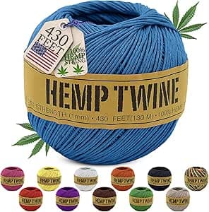 Hemp Twine for Gardening - Twine for Crafts - Organic Natural Hemp String for Jewelry Making - Strong Durable Cord for Decoration, Macrame + Cooking - 1MM, 100G/430 Ft. - 20 lb. Test Strength - Blue : Tools & Home Improvement