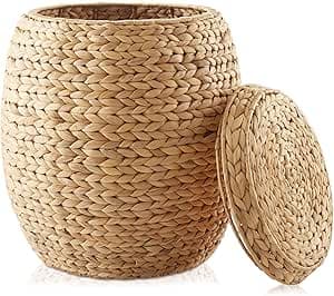 Casafield Round Storage Basket with Lid - Natural, Handwoven Water Hyacinth Organizer for Laundry, Blankets, Plants, Bedroom, Living Room, Home Office : Home & Kitchen